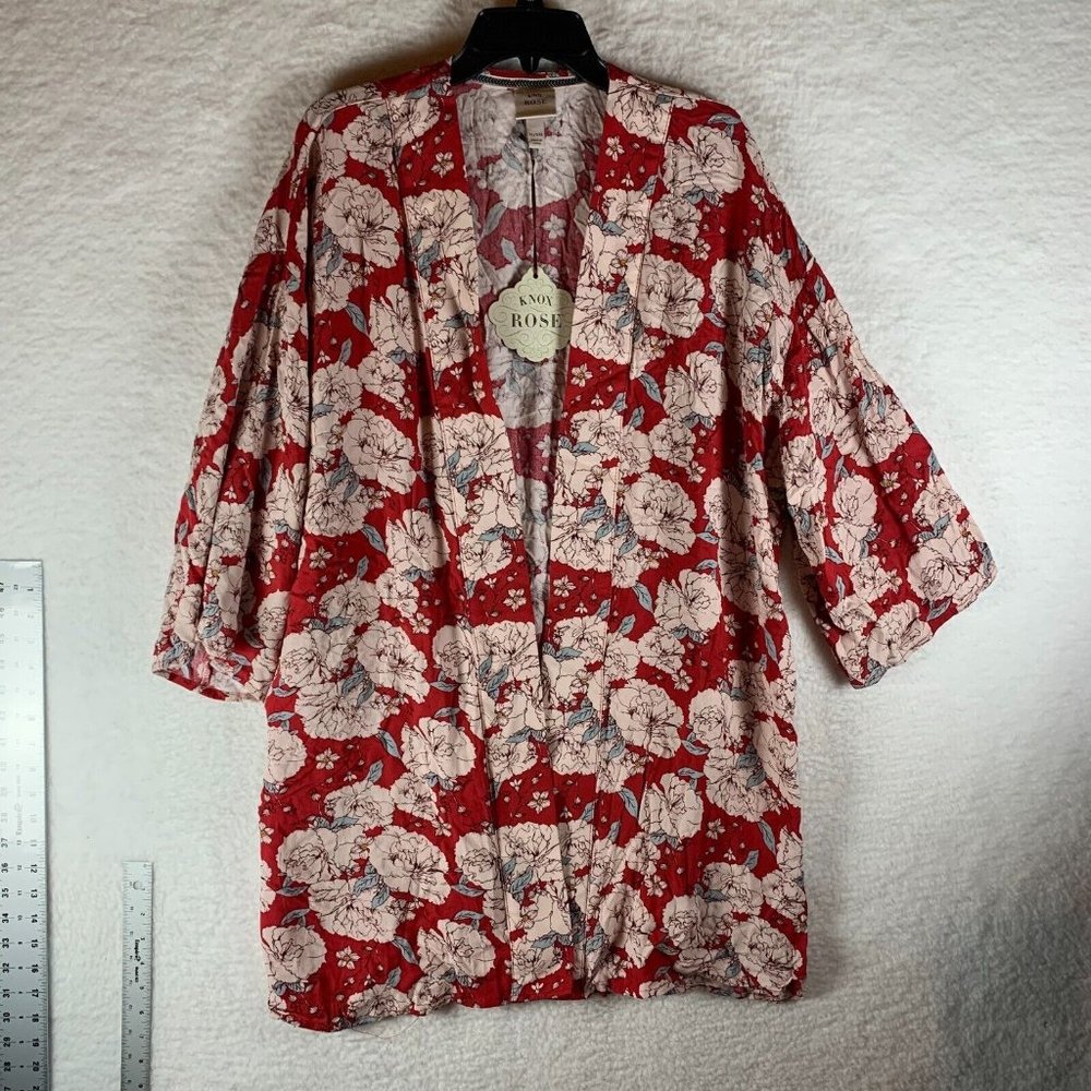 Knox Rose Women's Red Floral Boho 3/4 Sleeve Open‎ Front Kimono Size XL NWT 8677